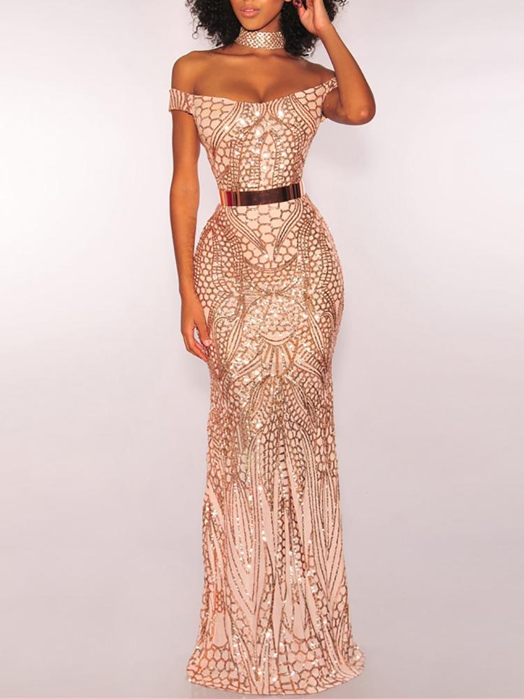 

Glitter Off Shoulder Maxi Evening Dress, Gold