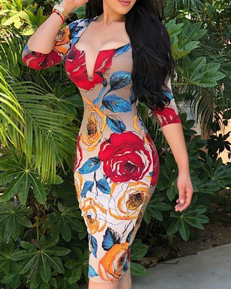 

Floral Print Low Cut Bodycon Dress, Multicolor
