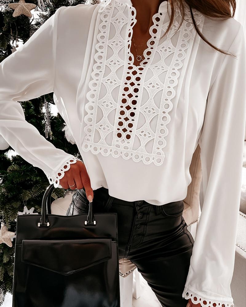 

Hollow-out Long Sleeve Shirt, White