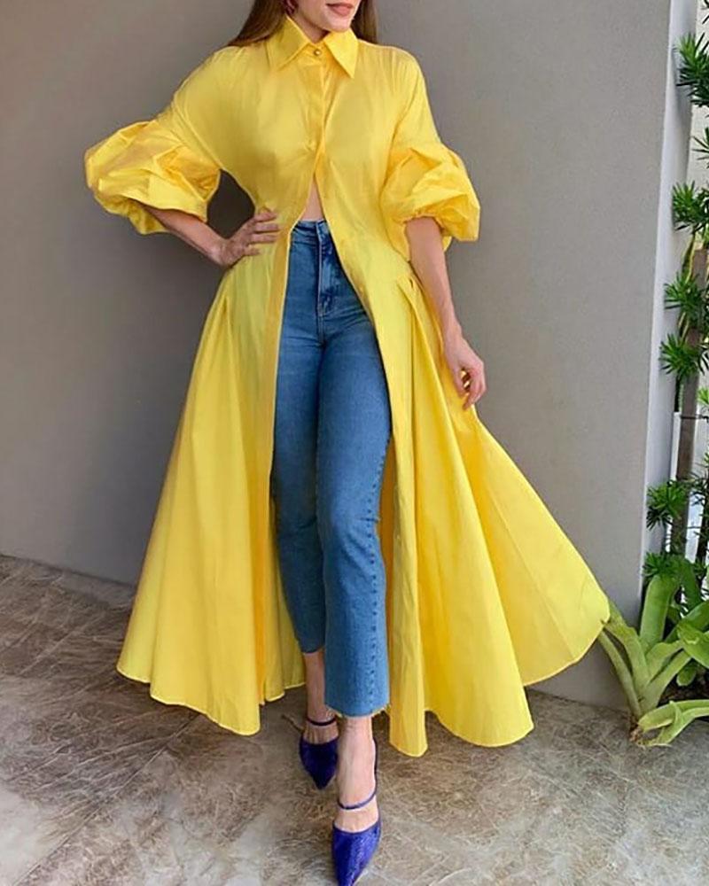 

Puffed Sleeve Plain Maxi Shirt Dress, Yellow