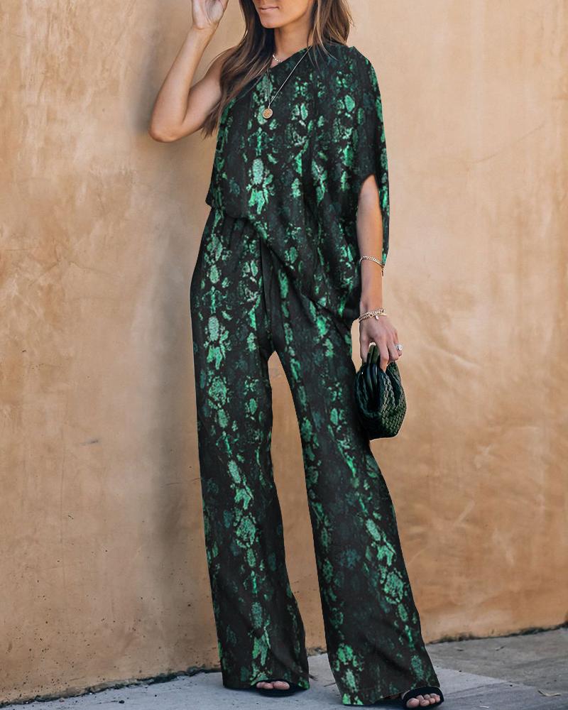 

Tie Dye Print One Shoulder Flare Leg Jumpsuit, Green