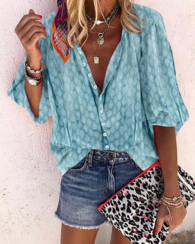 

Digital Print Lantern Sleeve Buttoned Shirt, Blue