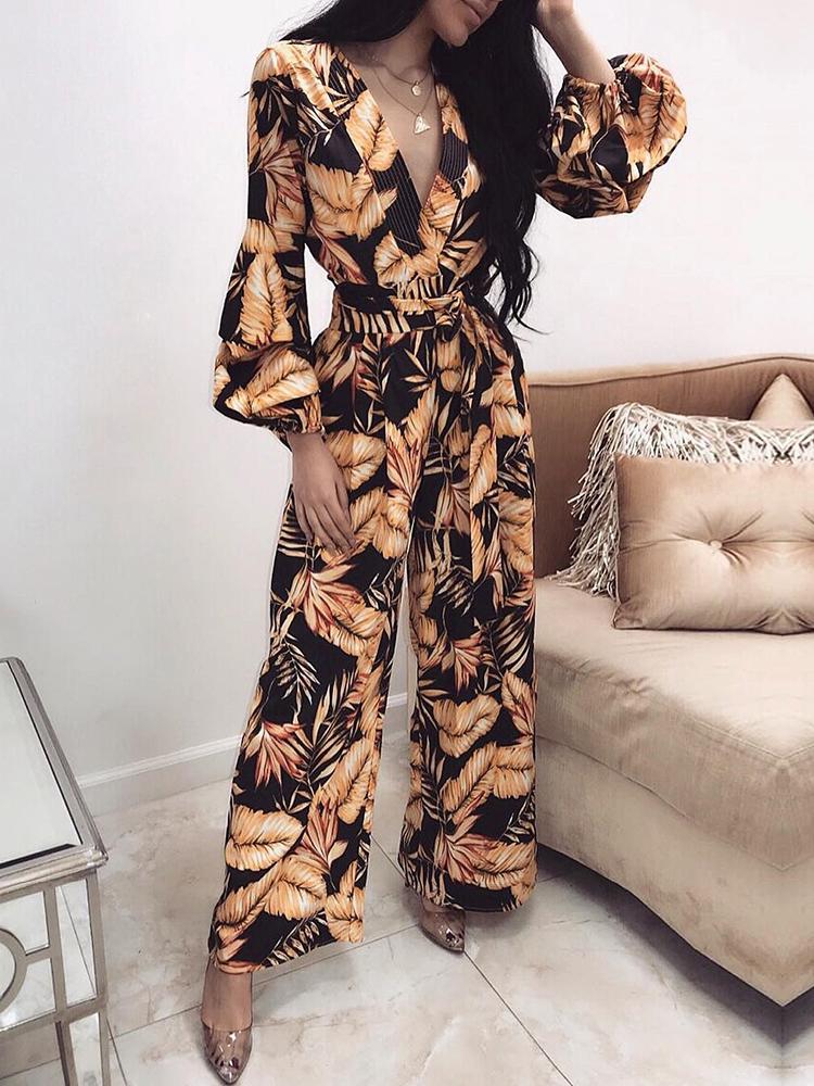 

V-Neck Plants Print Belted Jumpsuit, Dark yellow