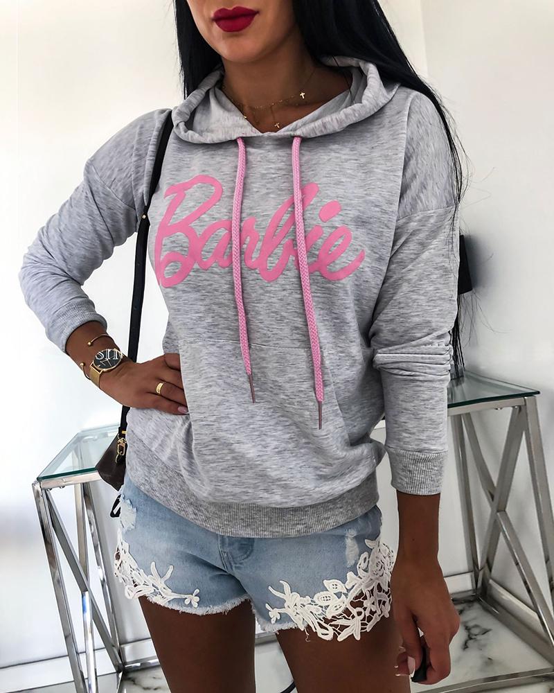 

Letter Print Drawstring Design Casual Sweatshirt, Gray