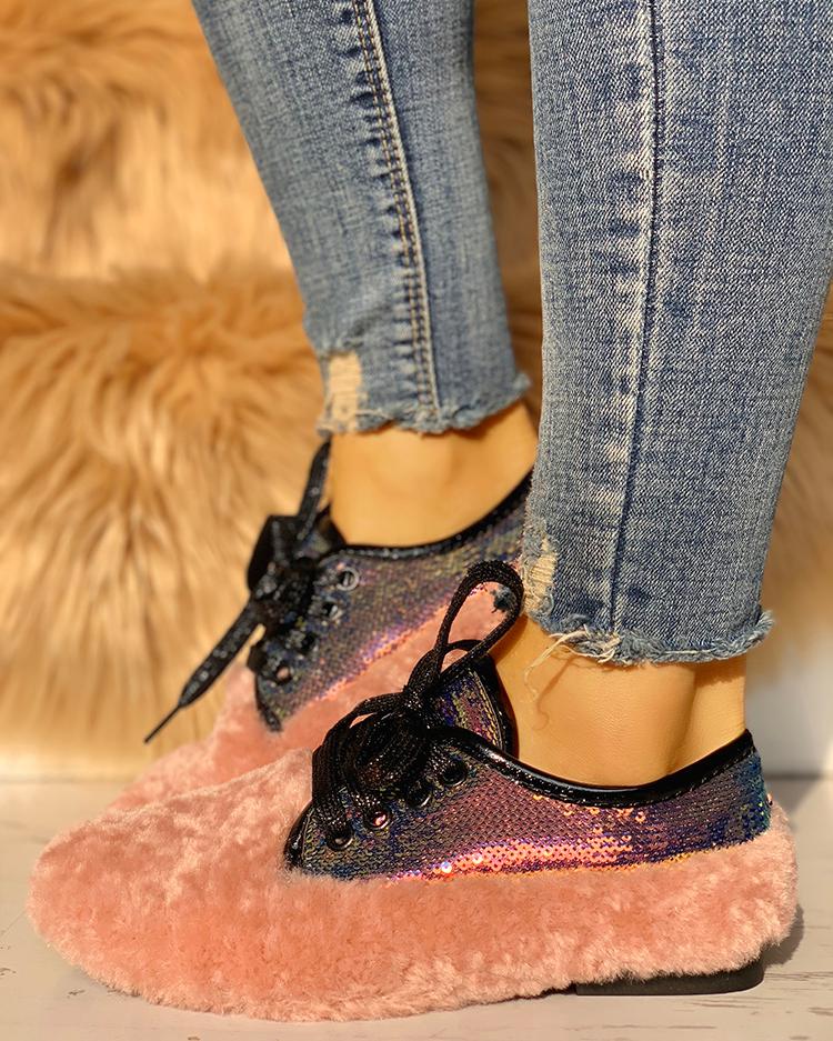 

Lace-Up Sequins Fluffy Flat Shoes, Pink