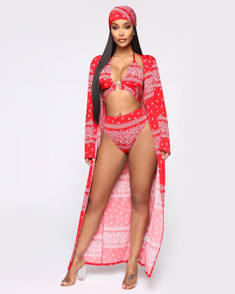 

Paisley Print Bikini Set With Cover Up & Headband, Red