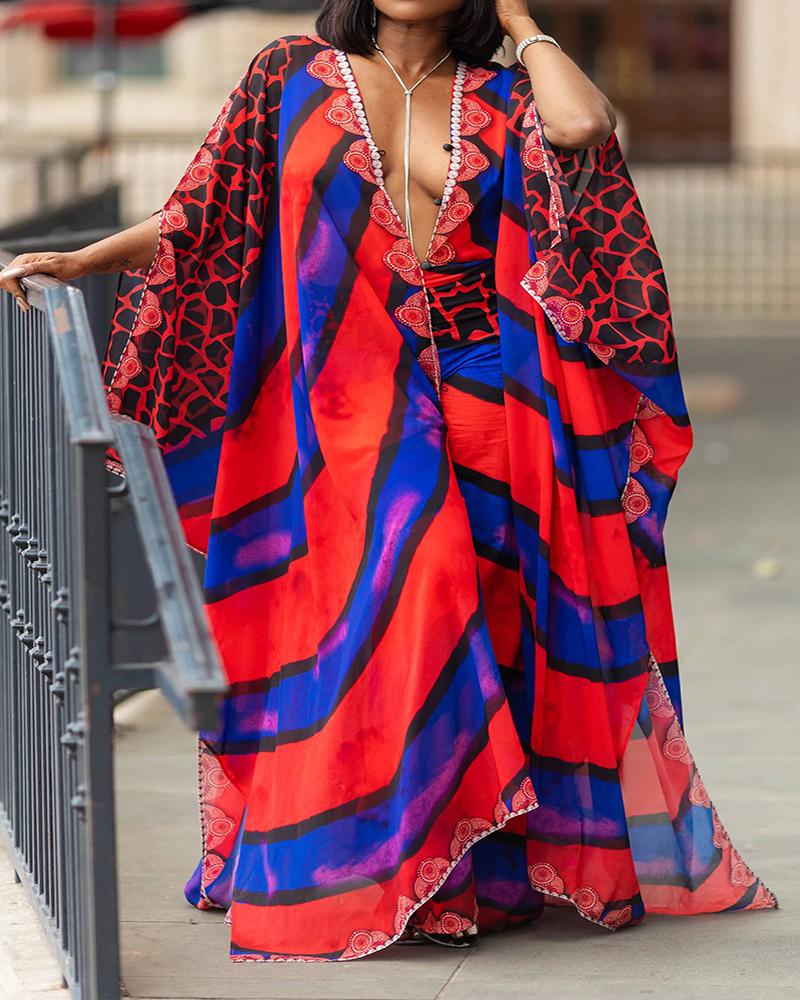

Colorful Striped Print Plunge Cover Up And Pant Sets, Red