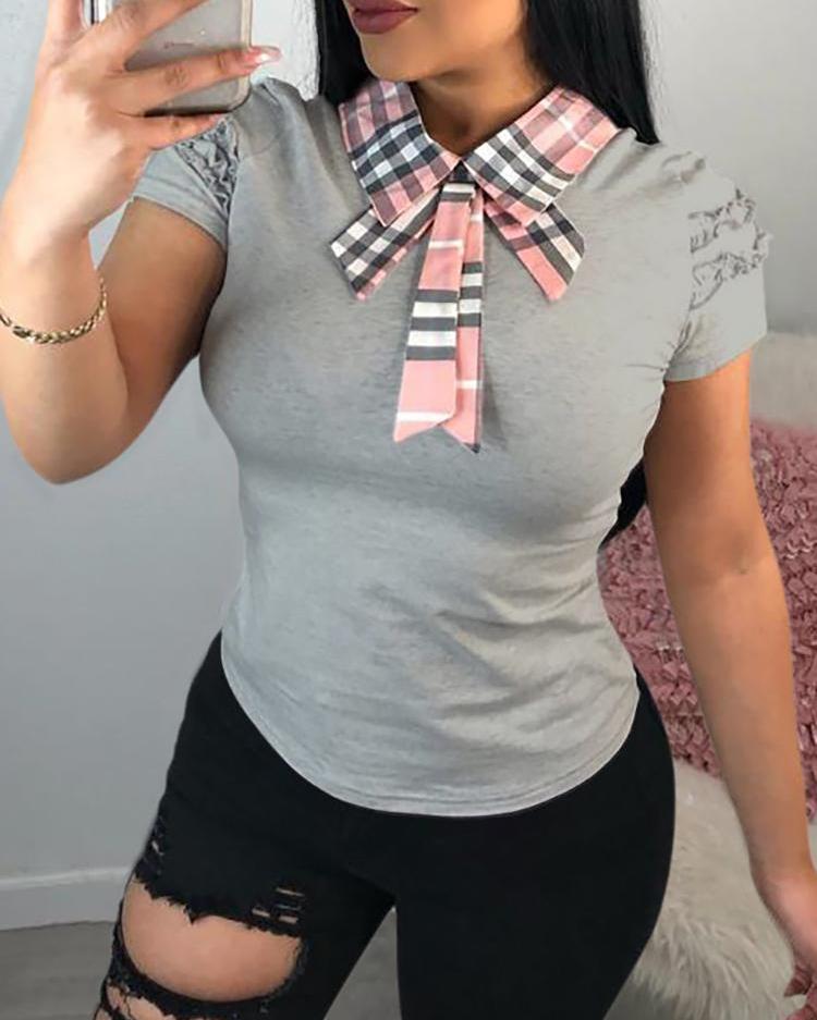 

Grid Bowknot Neck Short Sleeve T-Shirt, Gray