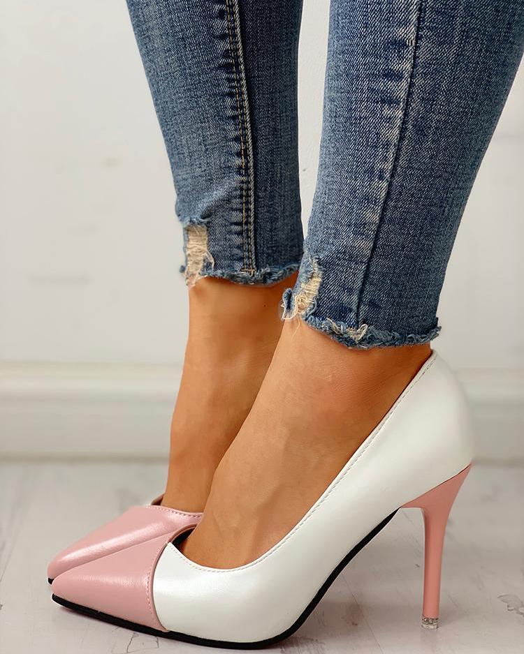 

Pointed Toe Colorblock Insert Thin Heels, White