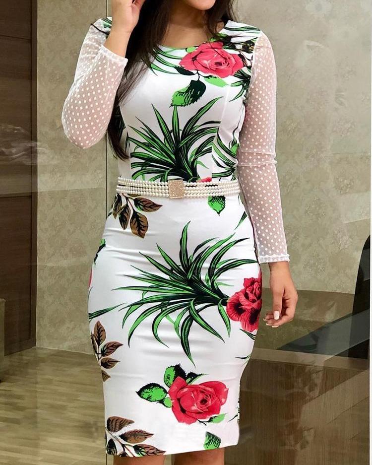 

Floral Print Mesh Insert Dress, White