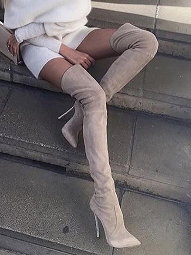 

Solid Knee-High Pointed Toe Heels Boots, Pink