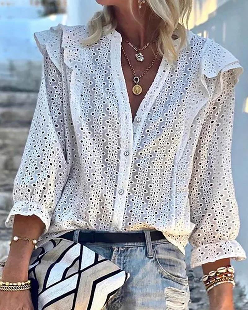 

Eyelet Embroidery Buttoned Ruffles Blouse, White