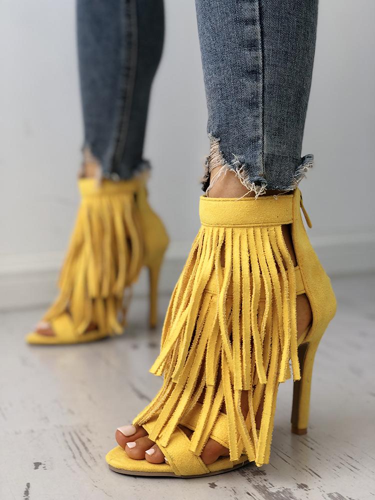 

Solid Tassels Multi-Strap Thin Heeled Sandals, Yellow