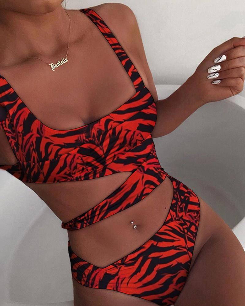 

Spaghetti Strap Print Cutout One Piece Swimsuit, Red