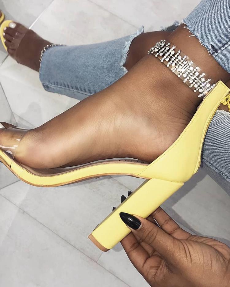 

Glittering Transparent Strap Chunky Heeled Sandals, Yellow