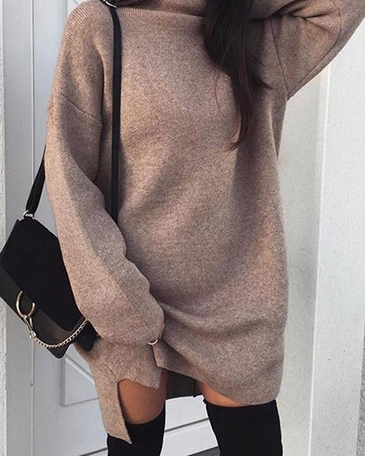 

Solid High Neck Slit Casual Dress, Brown