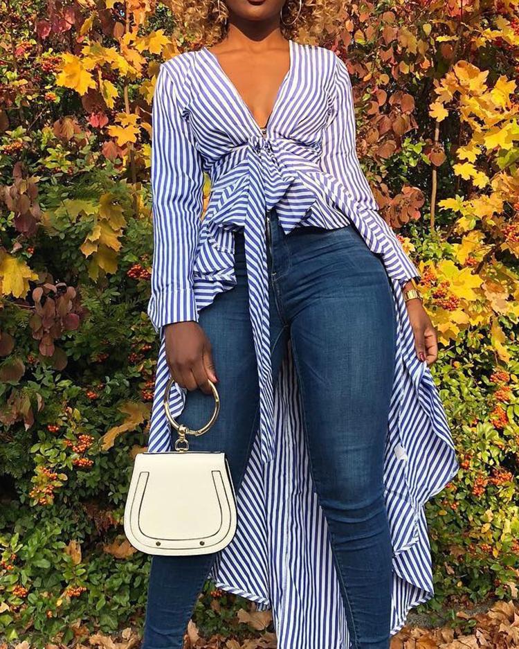 

Striped Tied Front Dip Hem Shirt, Blue