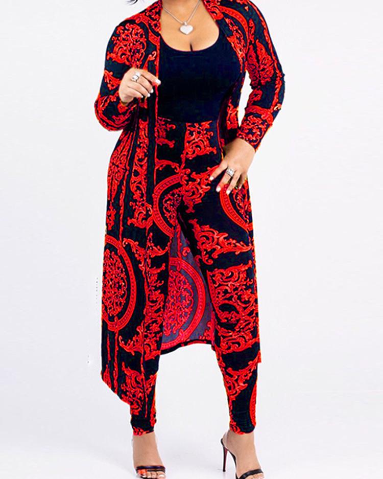 

Open Front Retro Print Cardigan & Pant Sets, Red