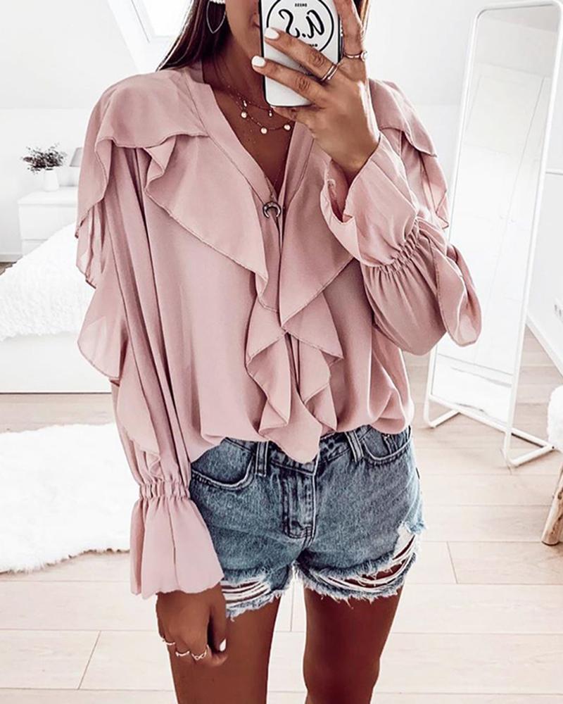 

Solid Color Flounced Long Sleeve Blouse, Pink