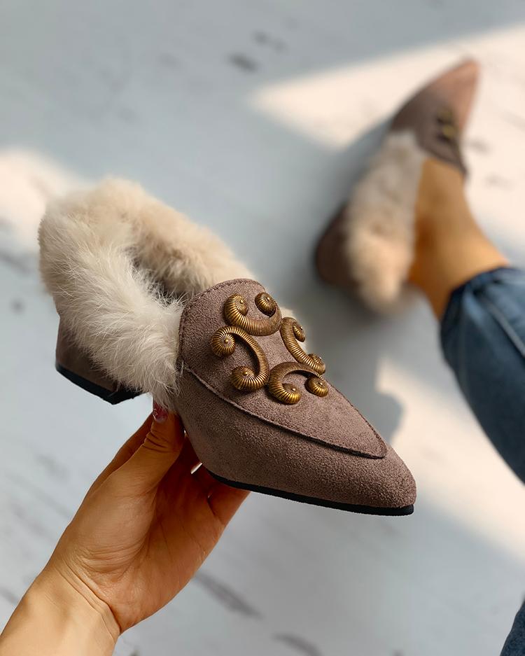 

Metallic Embellished Fluffy Pointed Toe Shoes, Brown