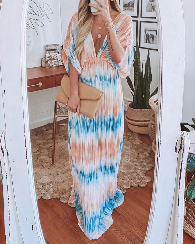 

Tie Dye Print Plunge Ruched Maxi Dress, Blue