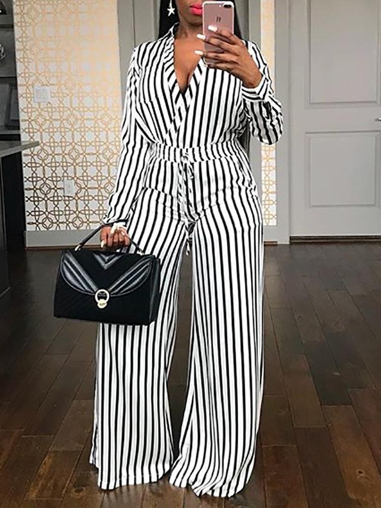 

Striped Wrap Waist Wide Leg Jumpsuit, White