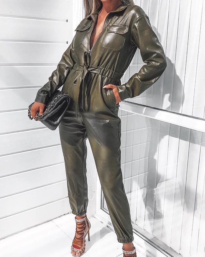 

PU Pocket Tie Waist Jumpsuit, Army green