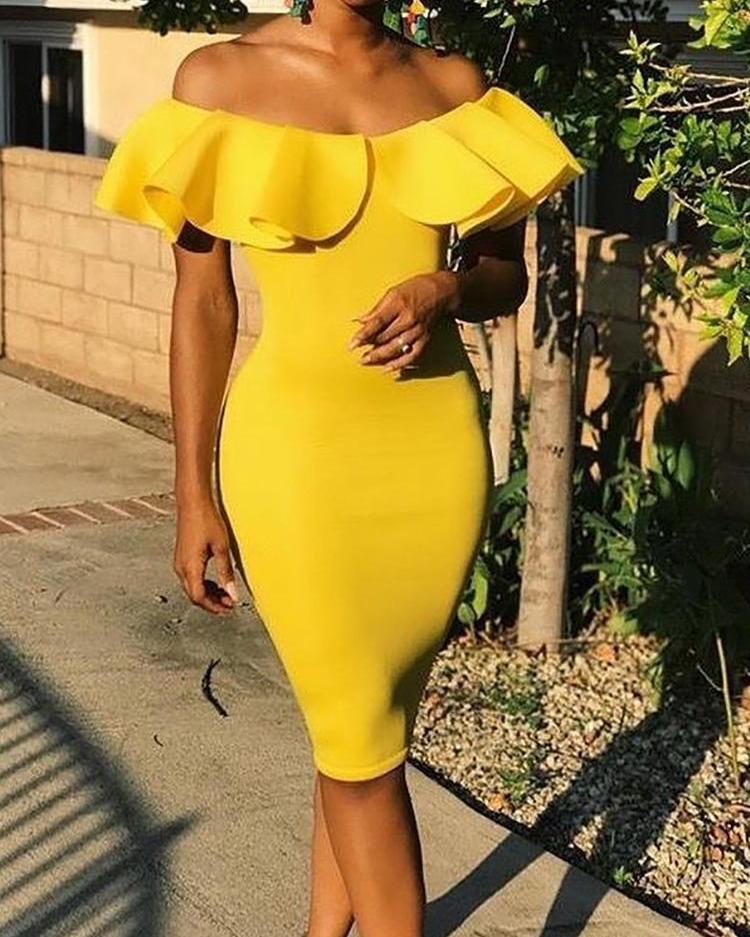

Ruffles Design Off Shoulder Bodycon Dress, Yellow