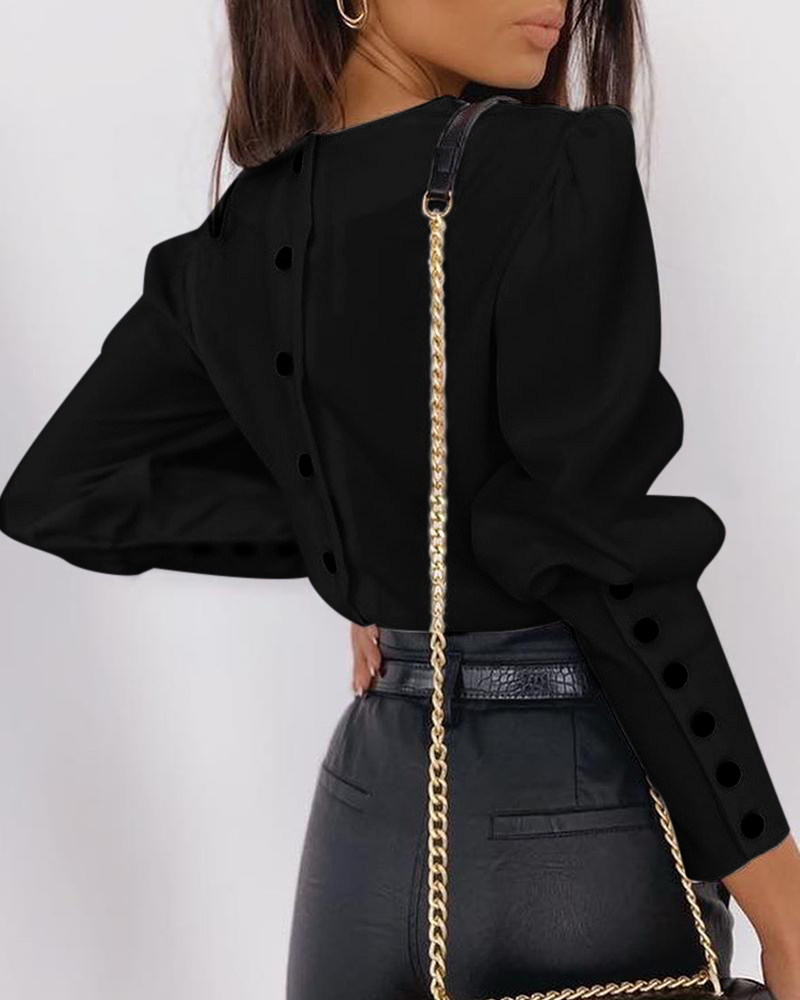 

Solid Puff Sleeve Buttoned Design Shirt, Black