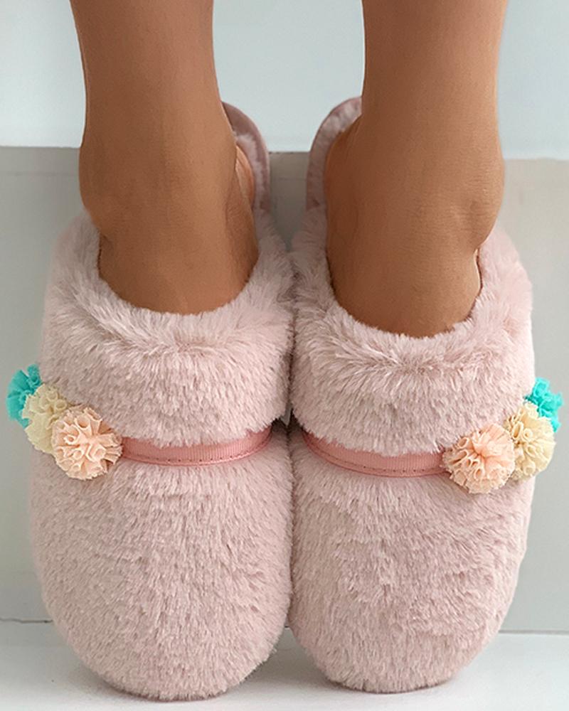 

Floral Pattern Fluffy Slippers, Pink