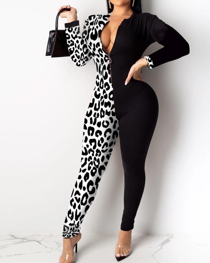 

Notched Neck Leopard Contrast Jumpsuit, White