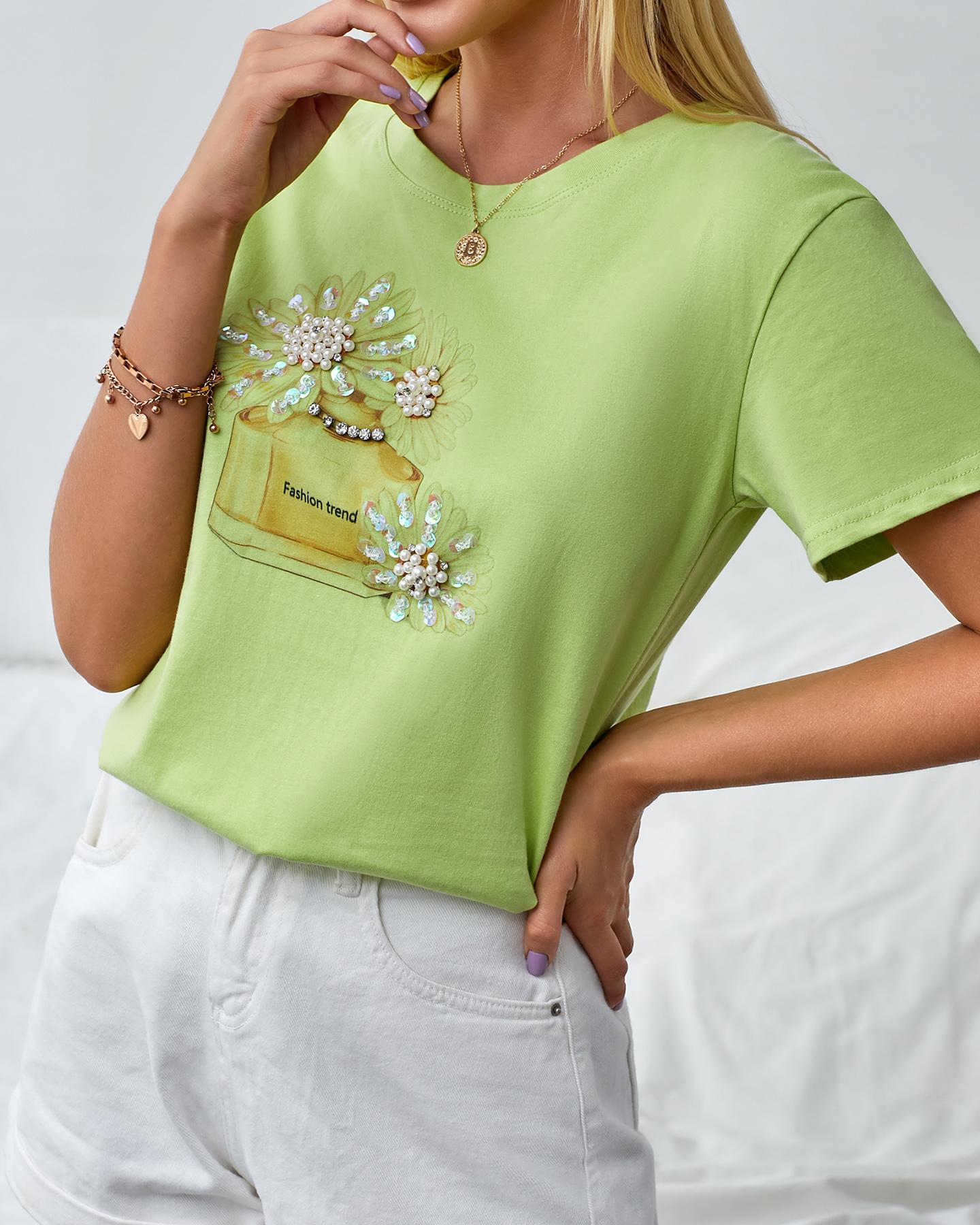 

Daisy Beaded Pattern Casual T-shirt, Green