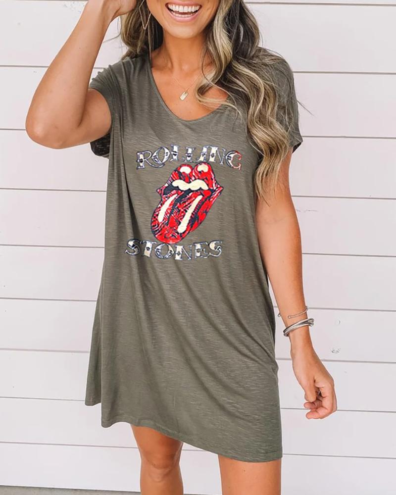 

Letter Lip Print V-neck Casual Dress, Army green