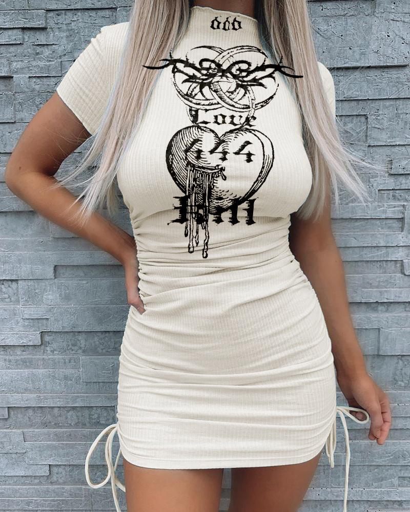 

Print Short Sleeve Drawstring Dress, White