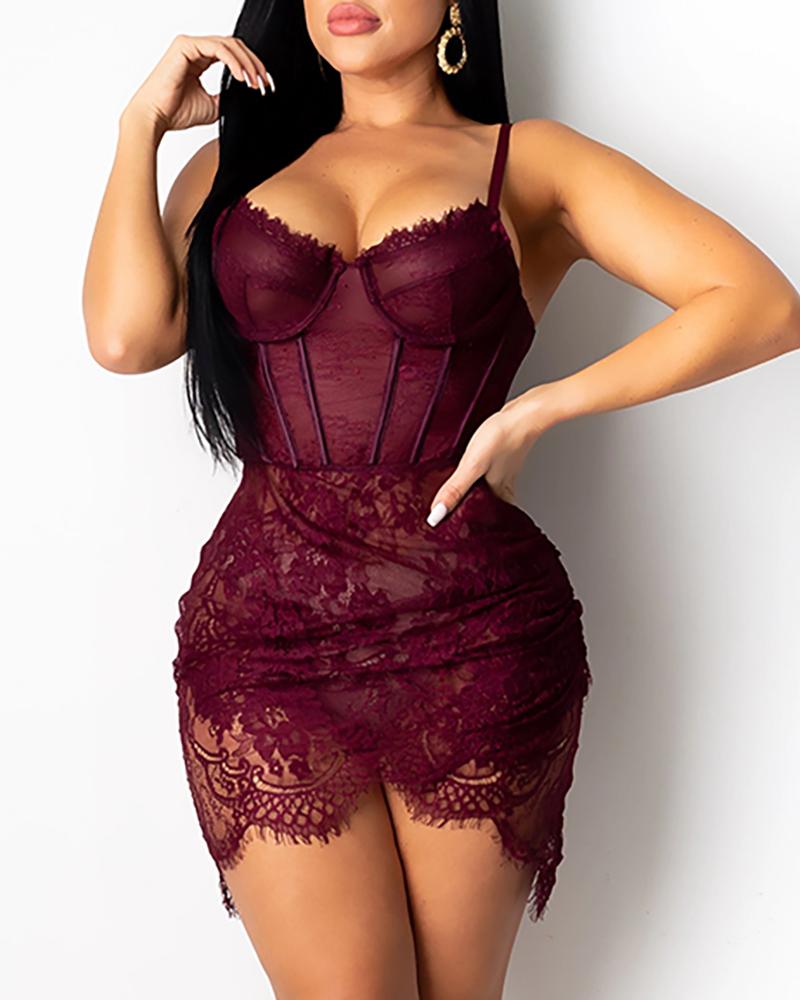 

Eyelahs Lace Bodice Sheer Mesh Dress, Wine red