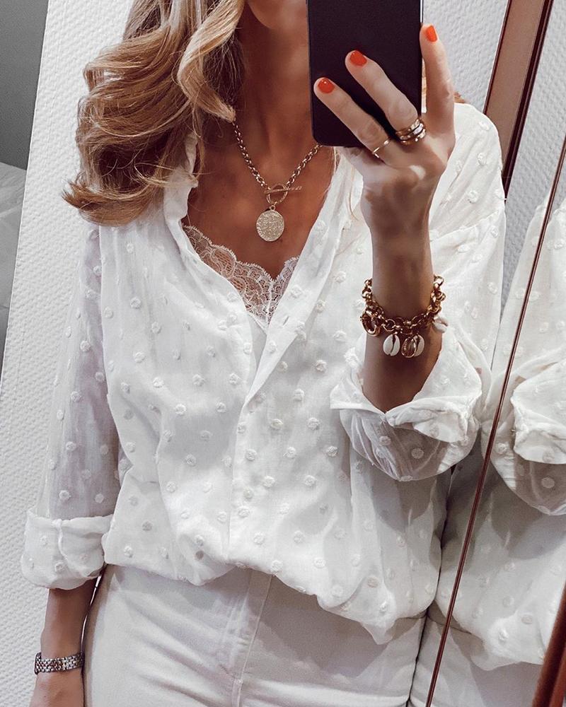 

Solid Swiss Dot Long Sleeve Casual Blouse, White