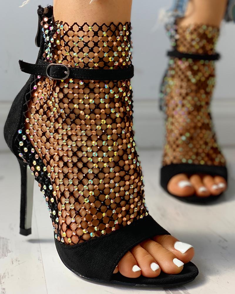 

Studded Grid Mesh Open Toe Thin Heels, Black