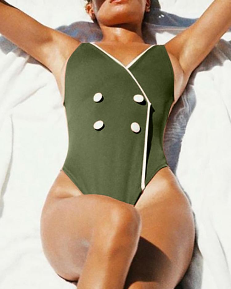 

Double-Breasted Binding One-Piece Swimsuit, Green