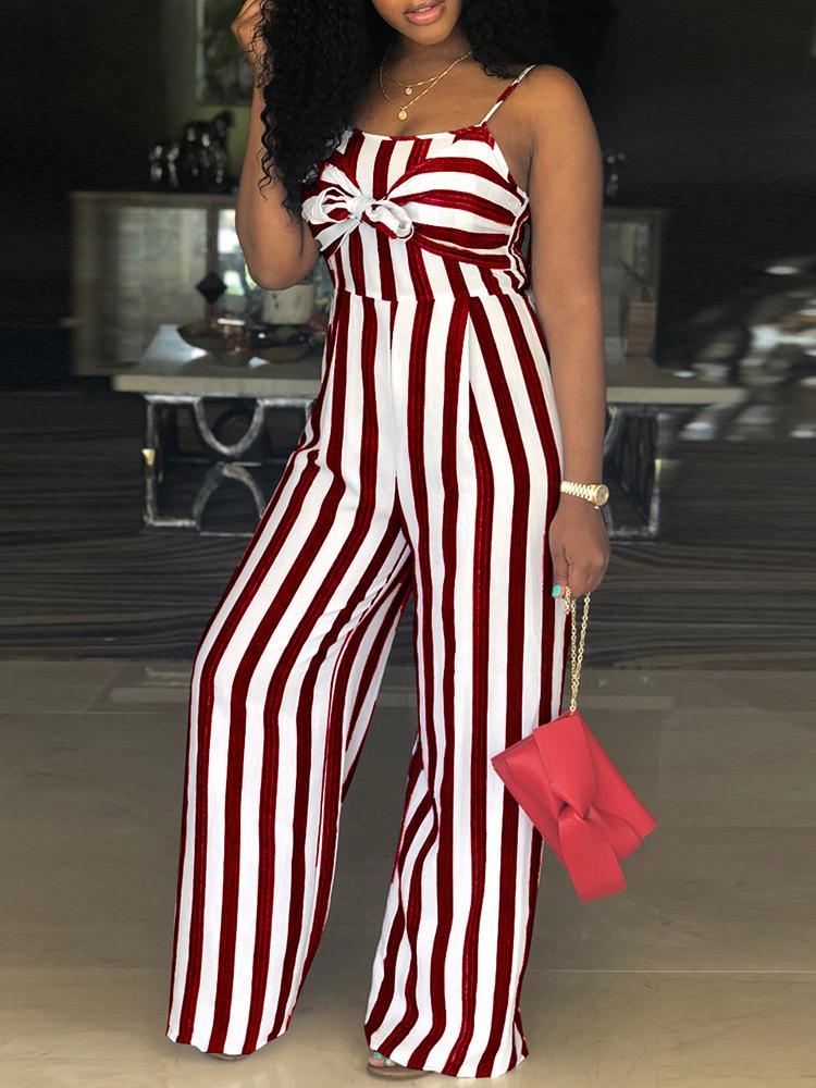 

Striped Bowtie Detail Cutout Back Jumpsuit, Red