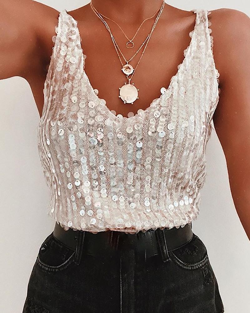 

Sequins Spaghetti Strap V-neck Top, Silver