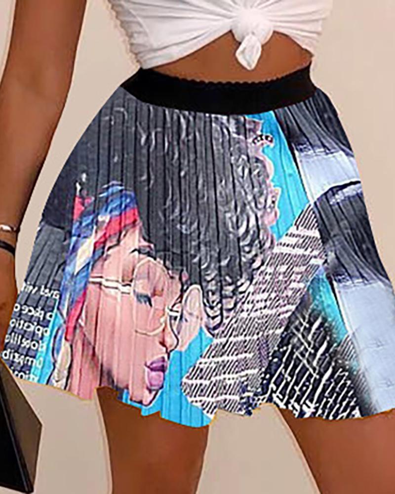 

High Waist Cartoon Printed Pleated Mini Skirt, Blue