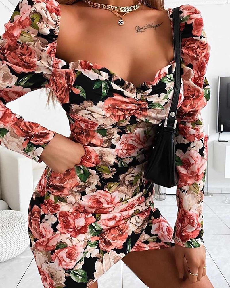

Puff Sleeve Floral Print Ruched Dress, Pink