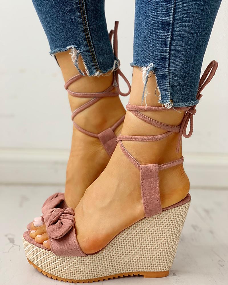

Bowknot Lace-up Ankle Platform Wedge Sandals, Pink