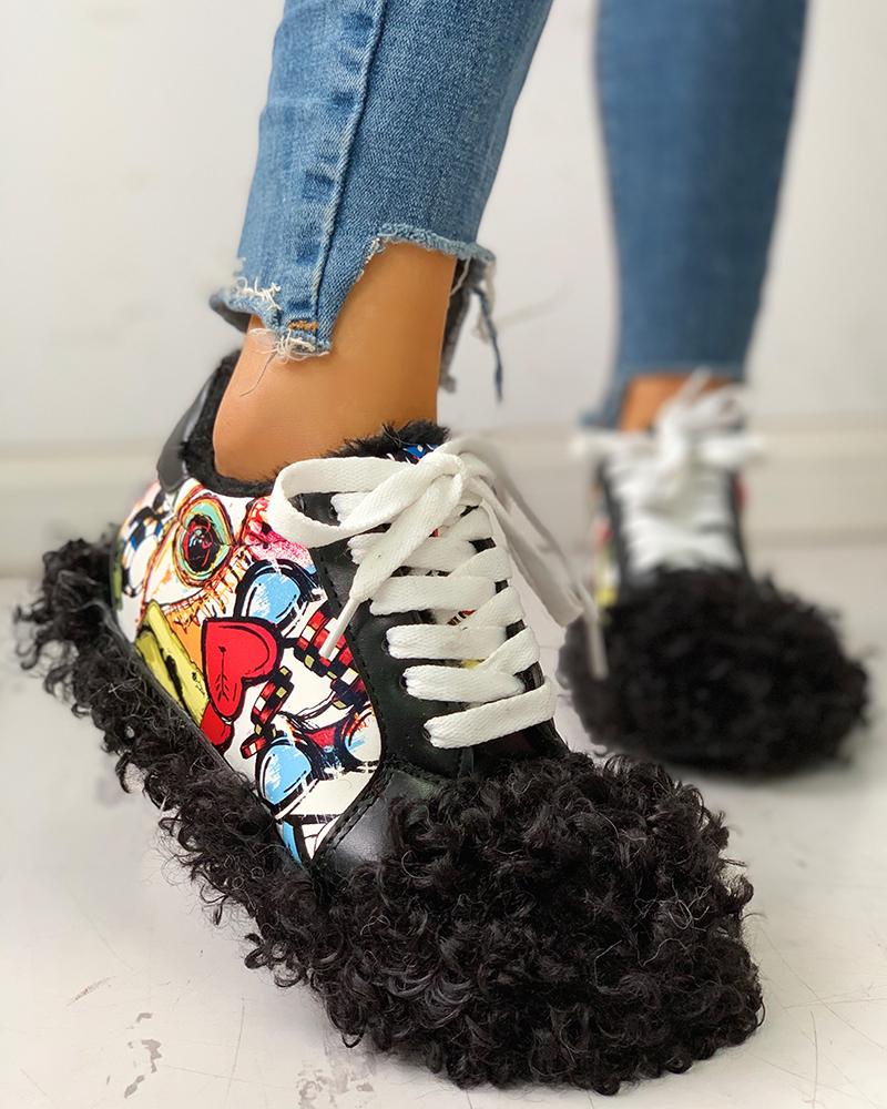 

Fluffy Lace-Up Comic Print Casual Sneakers, Black