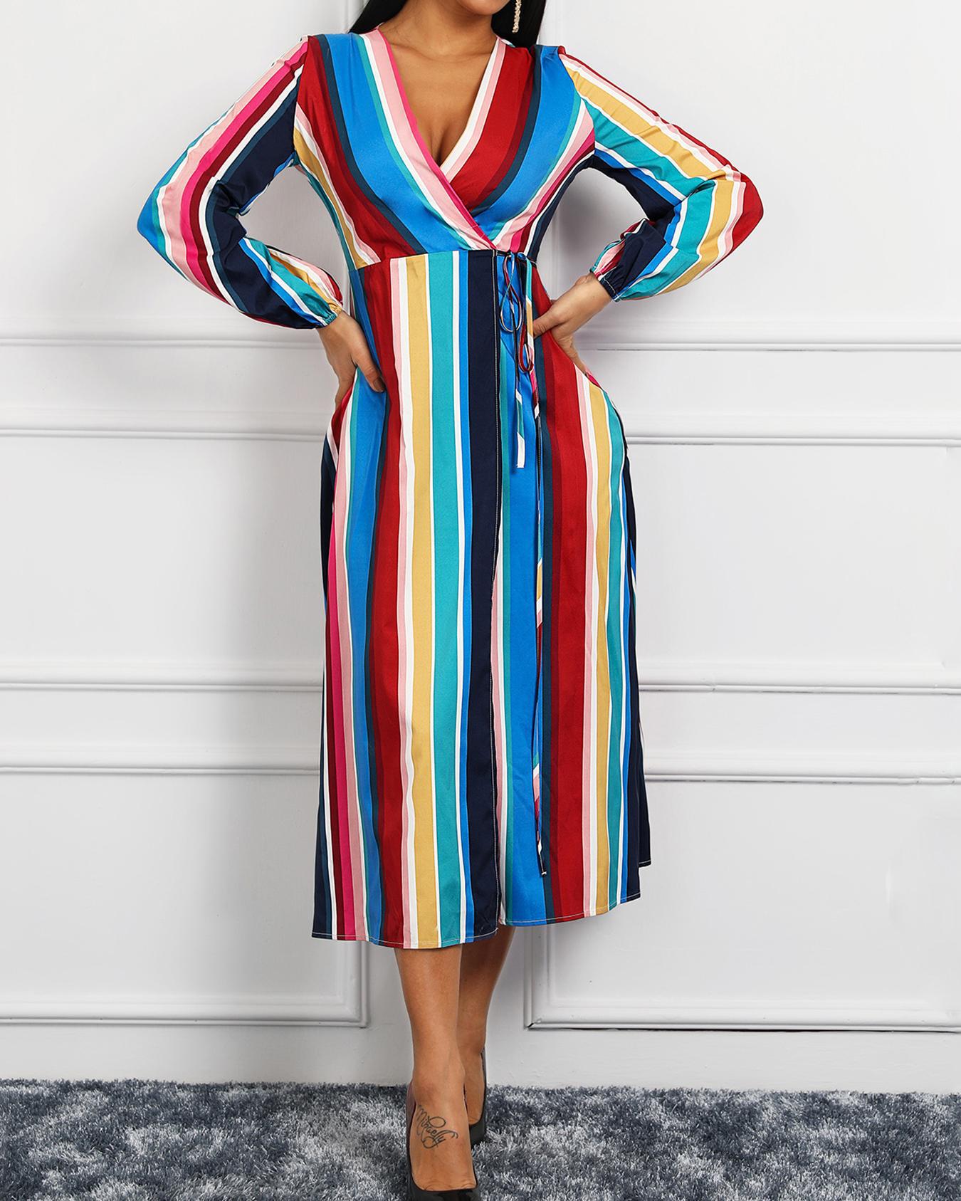 

Colorful Stripes Slit Belt Casual Wrap Dress, Multicolor