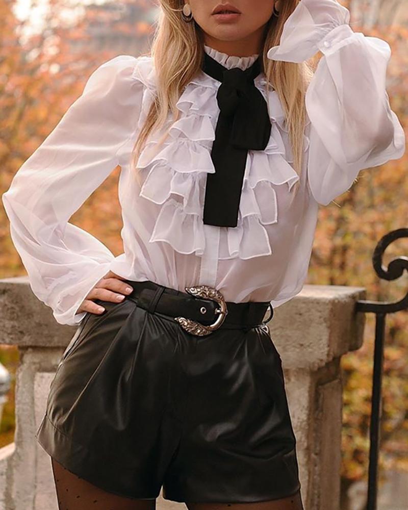 

Mesh Ruffled Tied Casual Blouse, White