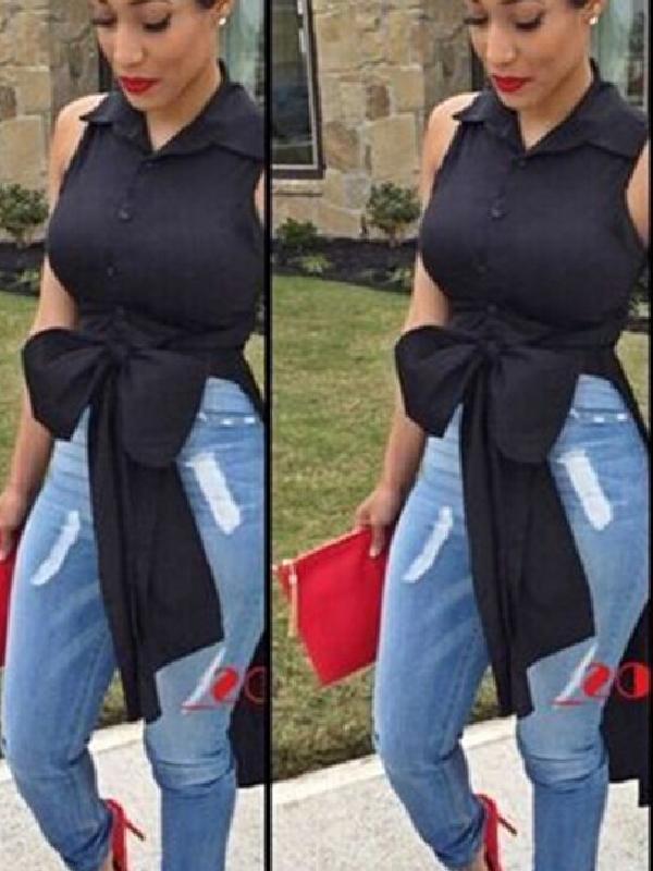 

Women's Summer Fall Blouse Irrrgular Sleeveless Big Bow Shirt Long Style, Black