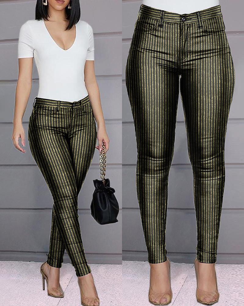 

Glitter Striped Zipper Front Pants, Yellow