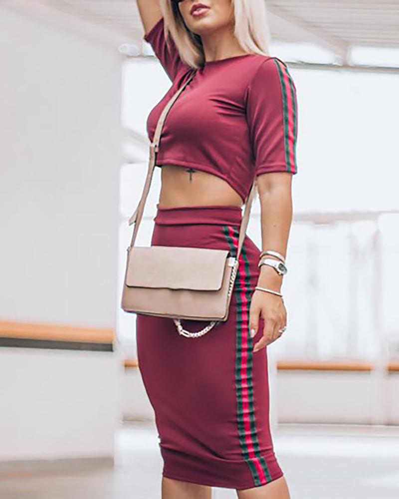 

Striped Tape Side Top & Skirt Set, Wine red