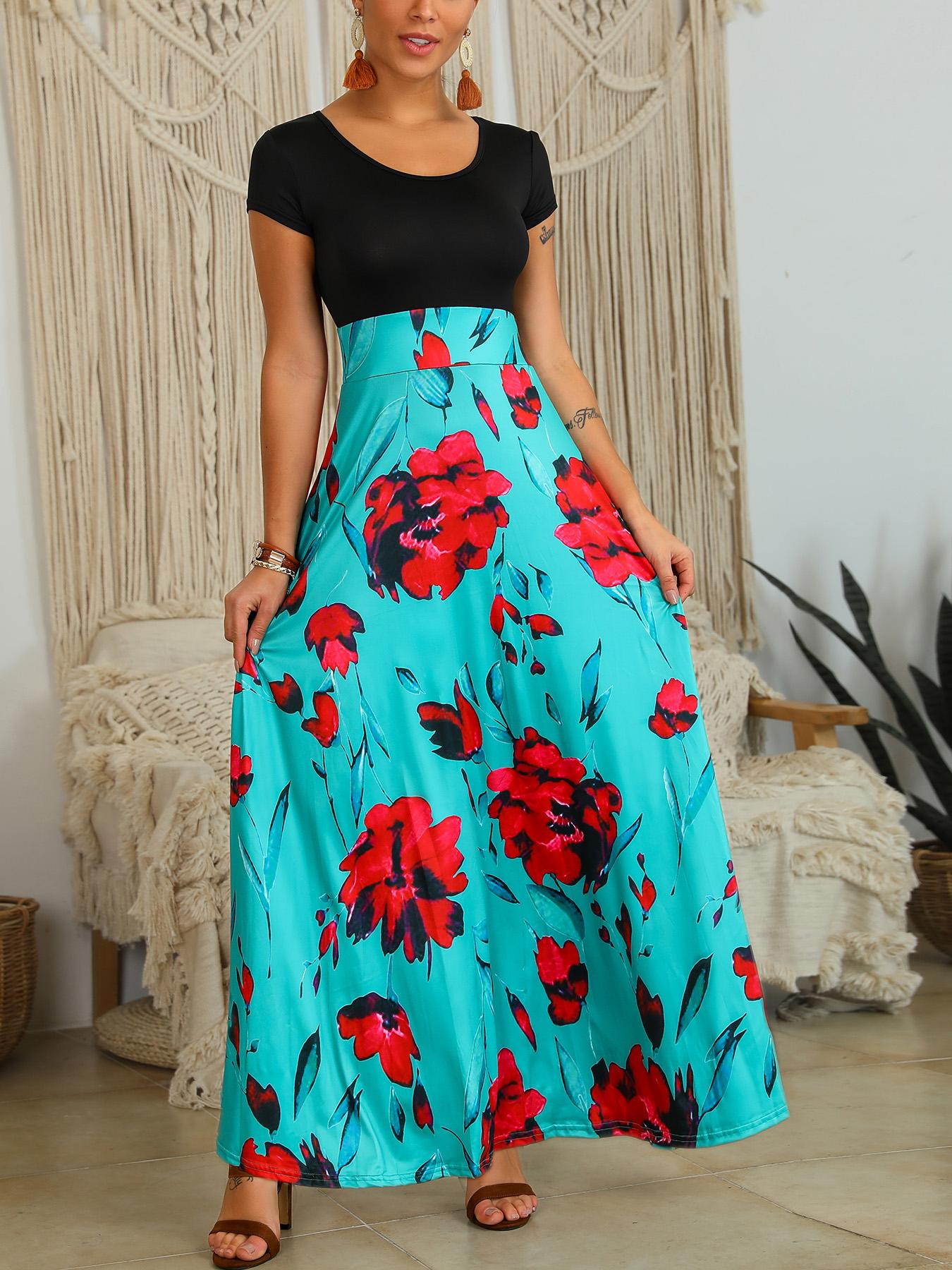 

Floral Print Short Sleeve Maxi Dress, Green